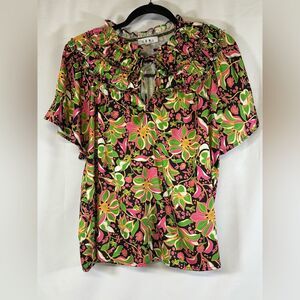 THML Black Pink Green Ruffled Yoke Tie Neckline Boho Chic Casual Blouse Top L